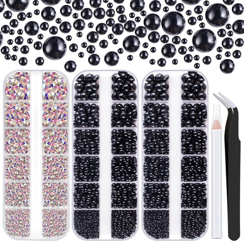 BELLEBOOST 4000PCS Flatback Rhinestones and Half Round Pearls Kit #42, Multi Size Glass AB Crystals, Plastic Flat Back Black Dome Bead with Pickup Pencil and Tweezer for Nail Art - Image 1